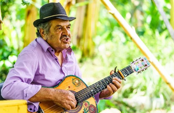 コロンビアのジャルダン- 2019年3月25日-先住民族の男性がジャルダンの村でギターを演奏 — ストック写真