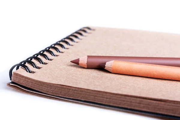 Notebook Two Brown Pencils Isolated White Background — Stock Photo, Image