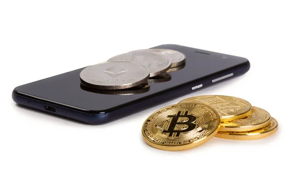 Cryptocurrency Монети Смартфон Ізольовані Білому Тлі Ліцензійні Стокові Фото