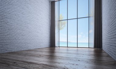 Boş oturma odası ve tuğla duvar doku arka plan ve deniz manzaralı iç tasarım fikir kavramı / 3d render 