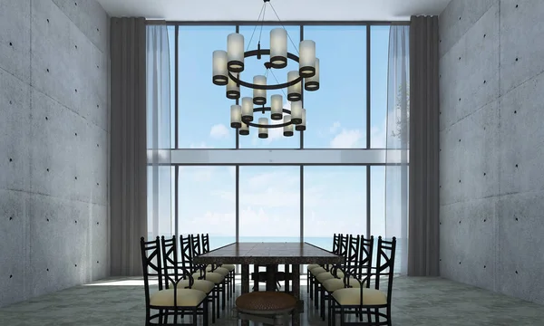 Design Interior Moderno Sala Jantar Vista Para Mar Parede Concreto — Fotografia de Stock