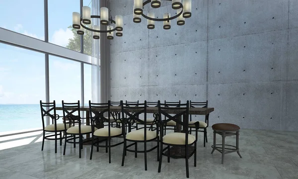 Tasarım Yemek Odası Deniz Görünümü Beton Duvar Deniz Manzaralı — Stok fotoğraf