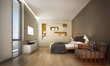 Modern yatak odası iç tasarım ve ahşap duvar arka plan