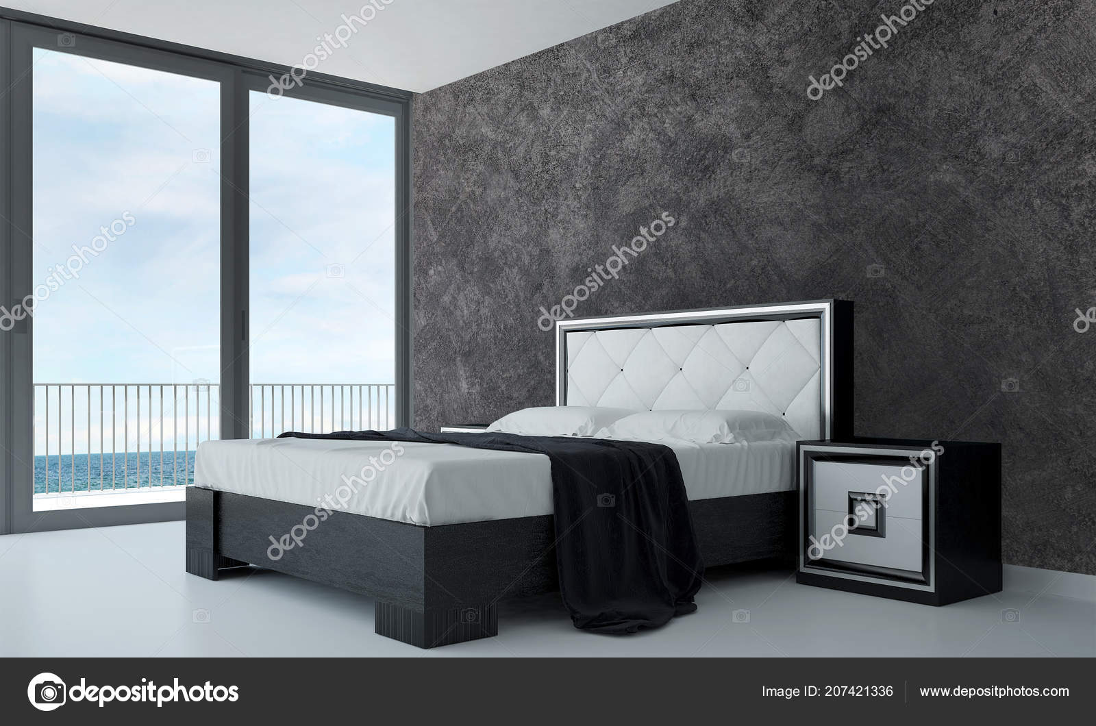 Modern Bedroom Interior Design Concrete Wall Texture Background Sea View Stock Photo Image By C Teeraphan 207421336
