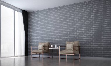 Modern salon ve oturma odası iç tasarım ve tuğla duvar desen arka plan doku 