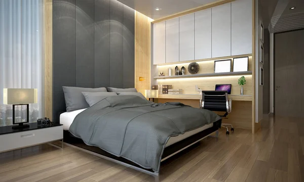 The Modern bedroom interior design and wood wall texture background