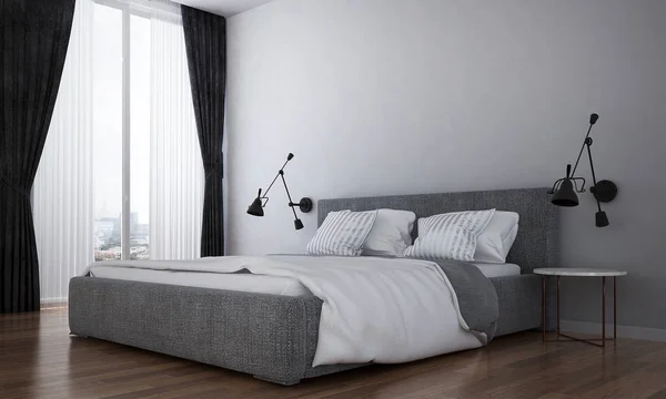 モダンなベッドルームと壁の背景テクスチャの レンダリング Inteiror デザイン — ストック写真