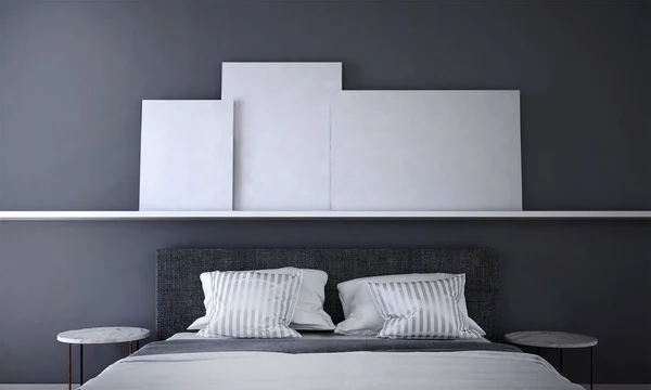 モダンなベッドルームと壁の背景テクスチャと画像フレームの レンダリング Inteiror デザイン — ストック写真