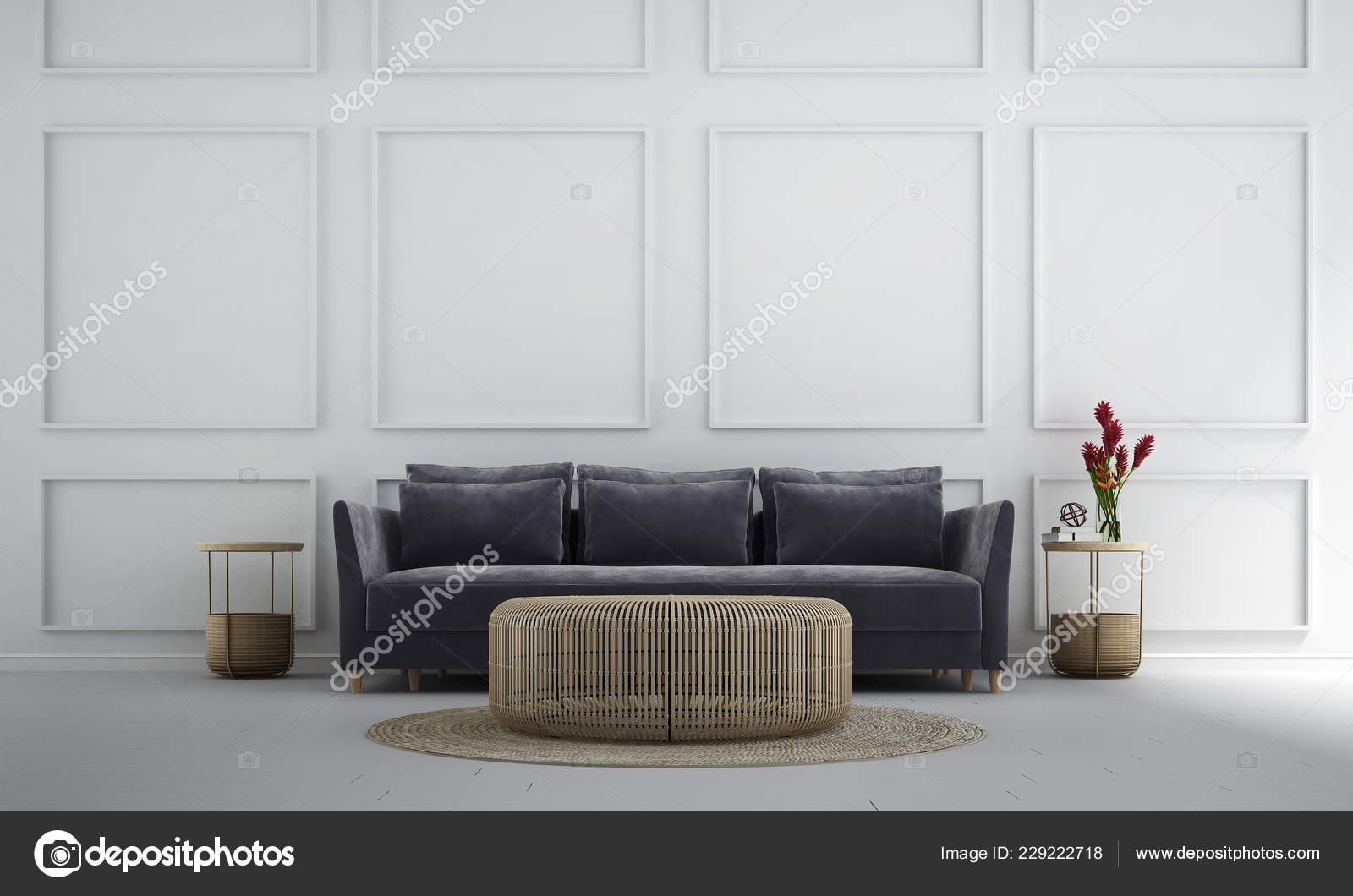 modern living room interior with sofa decoration and green plants on tile  rock texture wall background,minimal designs, 3d rendering. Stock  Illustration | Adobe Stock