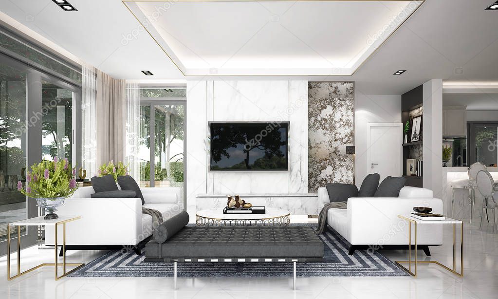 The Modern luxury living room interior design and concrete texture wall background and Lcd tv 