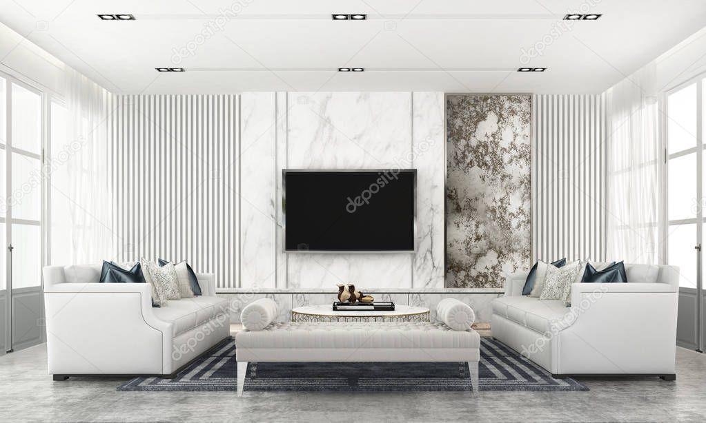 The Modern ckassic living room interior design and white texture wall background and lcd tv