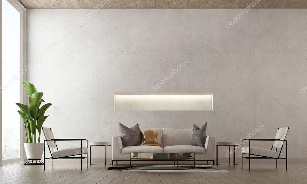 The loft living room interior design and concrete texture wall background 