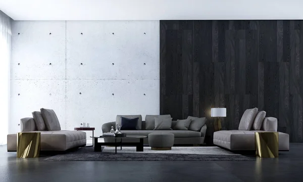 现代客厅室内设计和黑木墙纹理背景 — 图库照片