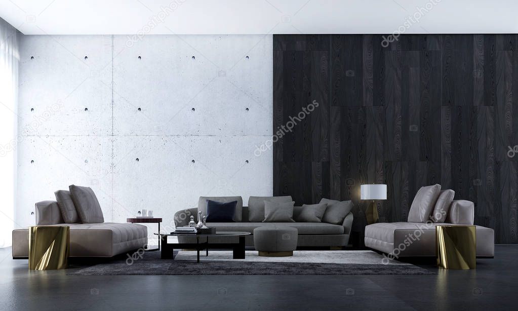 Modern living room interior design and black wood wall texture background 