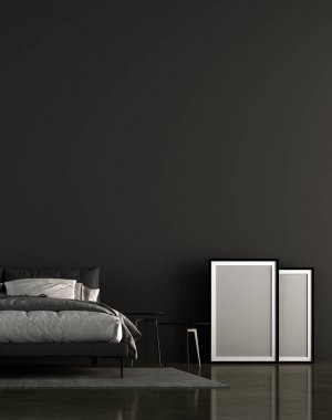 Minimal yatak odası ve siyah duvar arka plan ve resim çerçevesi iç tasarım