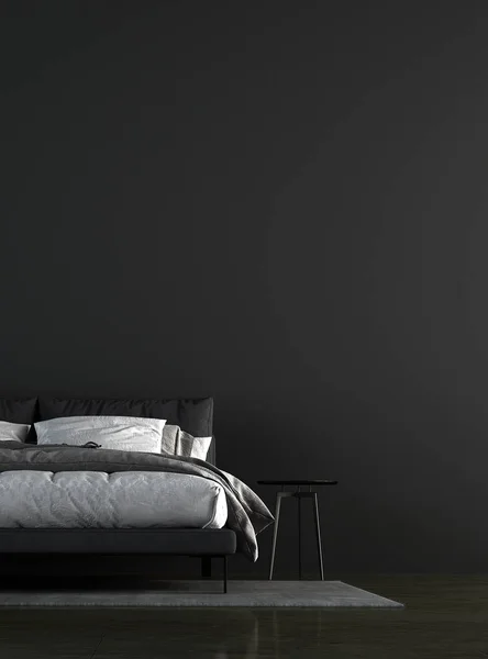 Projektowanie Wnętrz Minimalnym Sypialni Tło Czarne Ściany — Zdjęcie stockowe