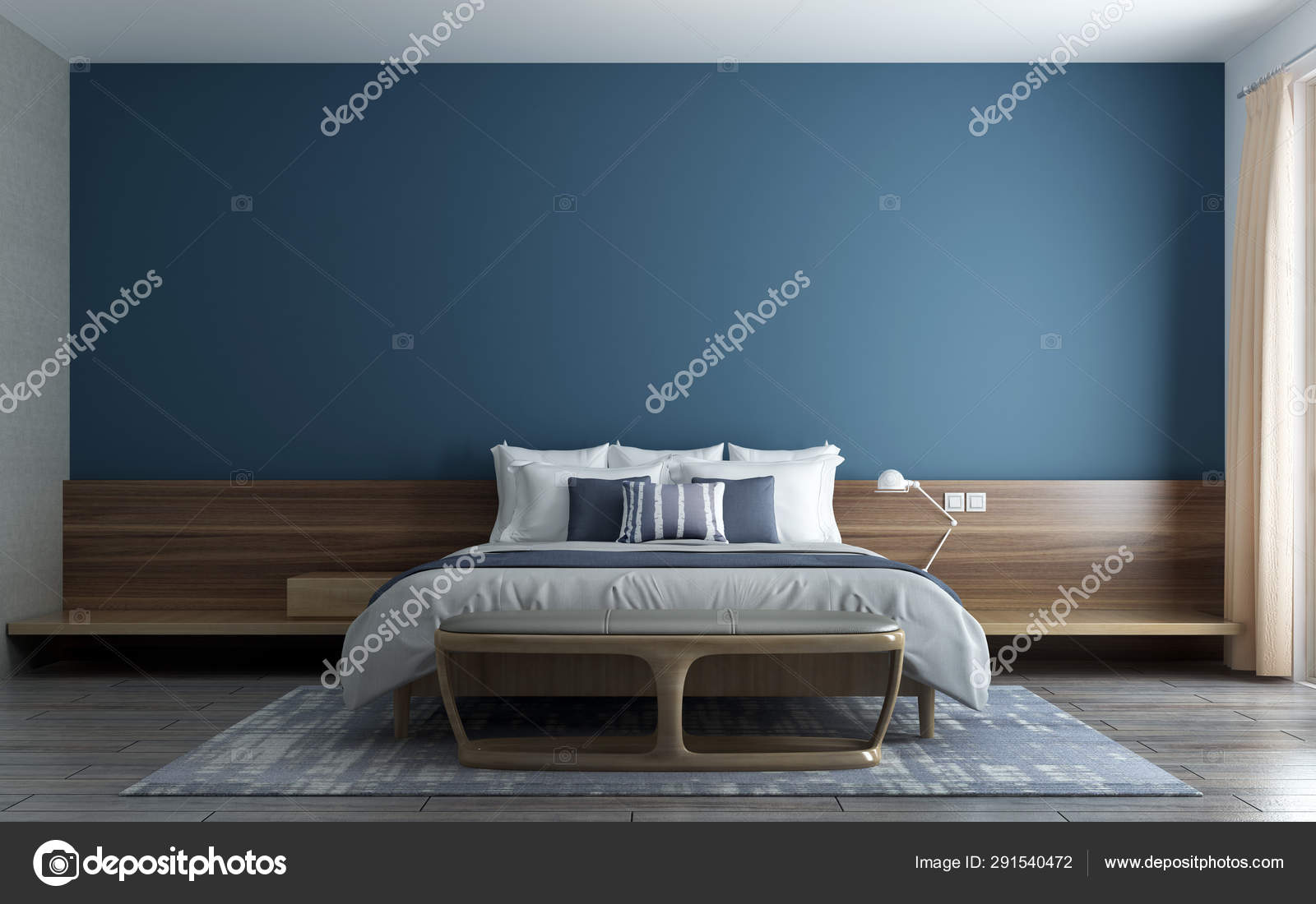 Modern Minimal Blue Wall Bedroom Interior Design Concept Blue Texture