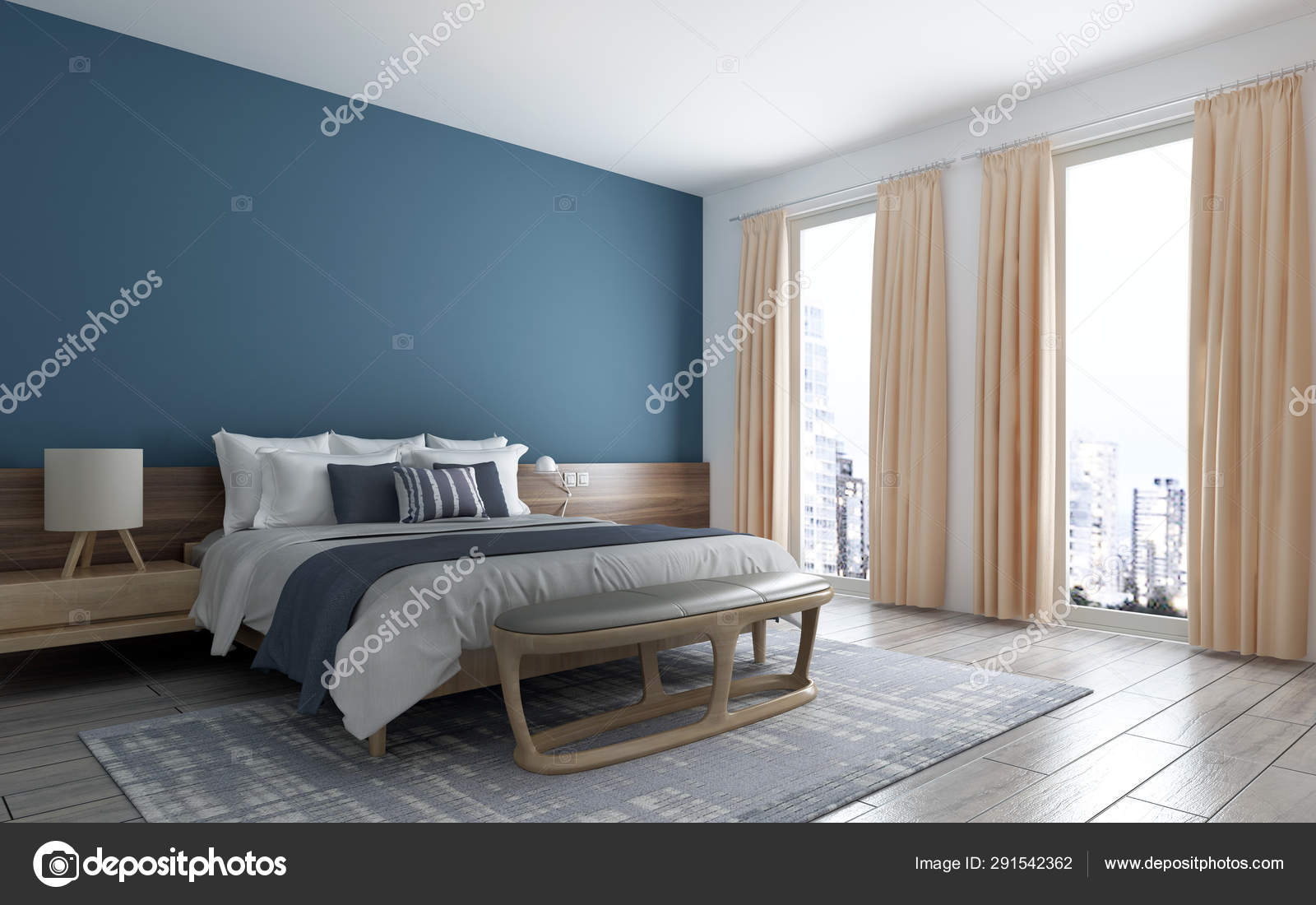 Modern Minimal Blue Wall Bedroom Interior Design Concept