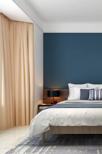 Slaapkamer Interieur Ontwerpconcept Blauw Patroon Muur Achtergrond — Stockfoto