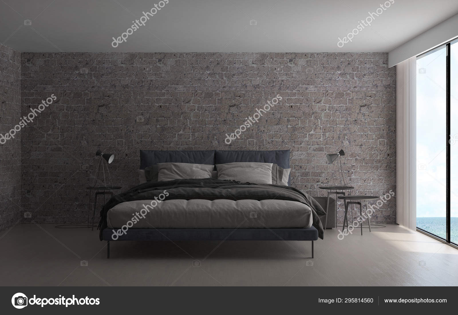 Interior Design Modern Bedroom Brick Wall Background Stock Photo C Teeraphan 295814560