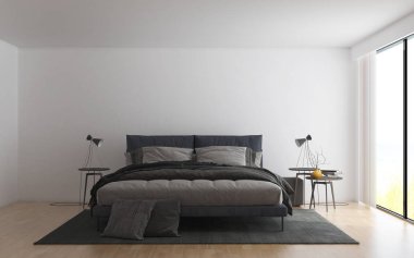 Modern loft yatak odası ve beyaz duvar arka plan iç tasarım
