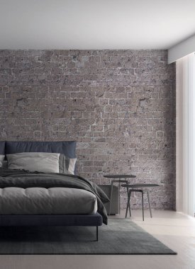 Modern loft yatak odası ve tuğla doku duvar arka plan iç tasarım