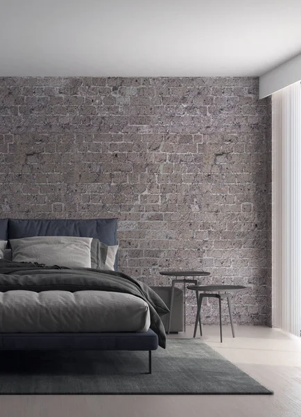 The interior design of modern loft bedroom and brick texture wall background