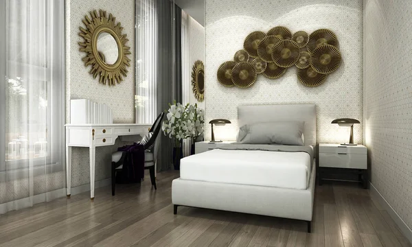 モダンなベッドルーム インテリア デザインと壁のテクスチャ背景 — ストック写真
