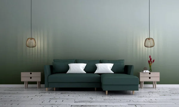 Loft Living Room Concrete Wall Texture Background Green Leather Sofa — Stock Photo, Image