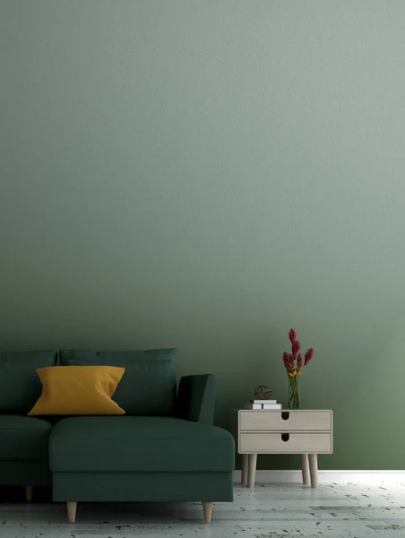 The loft living room and green wall texture background and green leather sofa