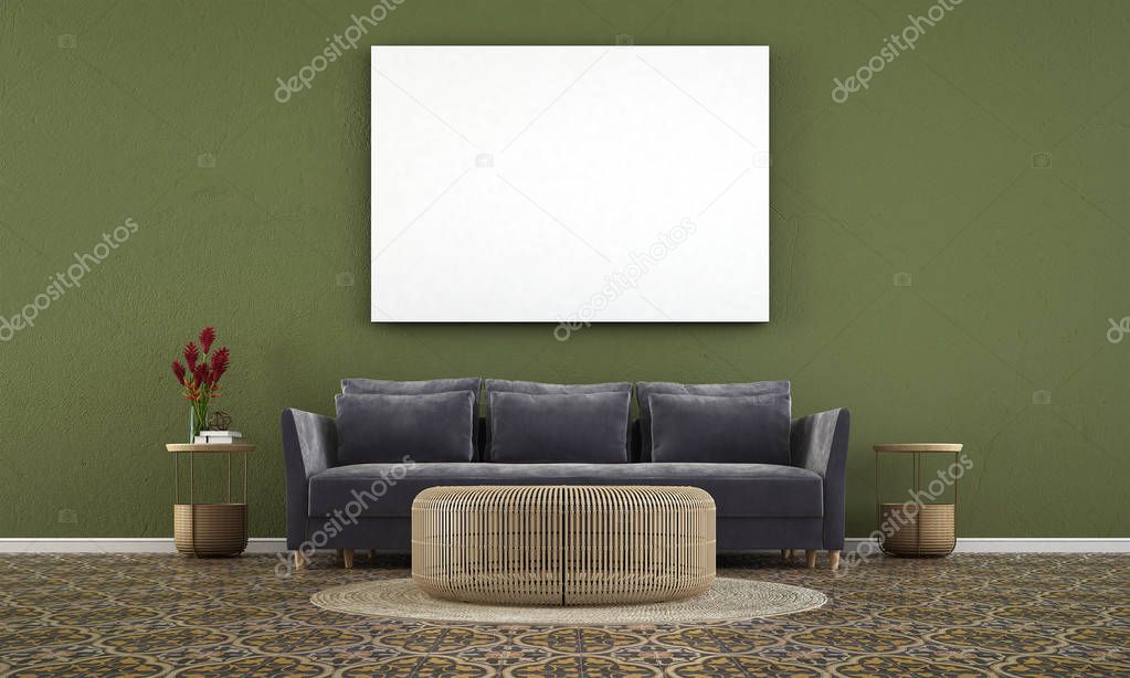 The nordic living room and green wall texture background 