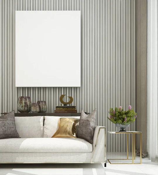 Elegante Luxus Wohnzimmer Außendesign Und Weißen Wandstreifen Textur Und Bilderrahmen — Stockfoto