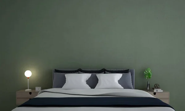 ミニマルなベッドルームのインテリアデザインと緑の壁のテクスチャの背景 — ストック写真