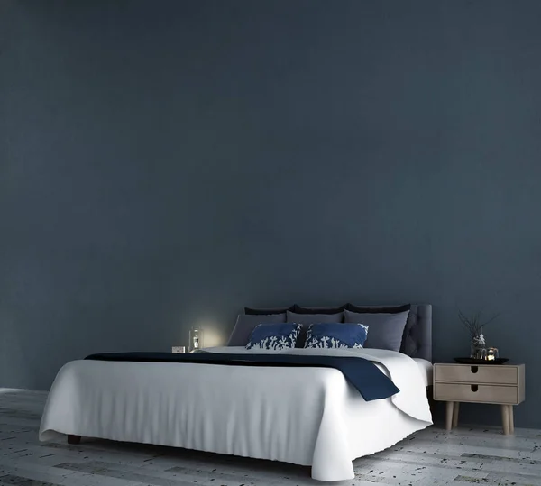 ミニマルベッドルームのインテリアデザインと青い壁のテクスチャの背景 — ストック写真