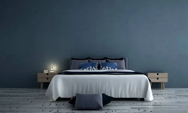 Modern minimal yatak odası iç tasarım ve mavi duvar doku arka plan 