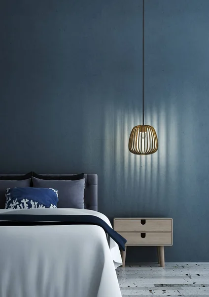 Modern minimal yatak odası iç tasarım ve mavi duvar doku arka plan ve lamba