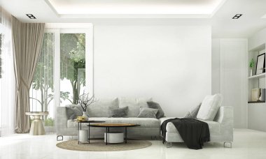 Salon ve oturma odası ve duvar dokusu arka plan ve bahçe manzaralı modern lüks iç tasarım