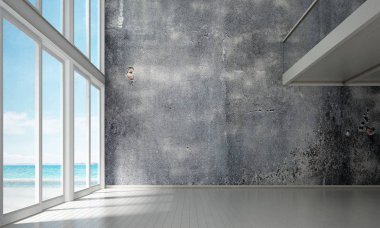 Boş oturma odası ve deniz manzaralı arka plan ve beton duvar dokusu modern iç tasarım konsepti