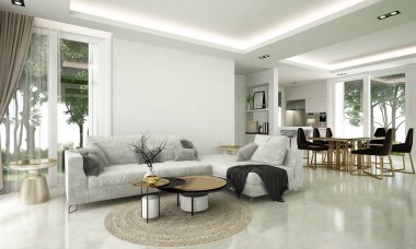 Salon ve oturma odası ve dinnig oda ve bahçe manzaralı arka plan modern iç tasarım konsepti 