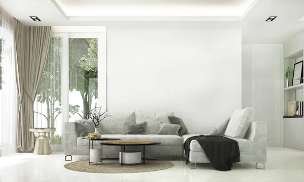 Salon ve oturma odası ve duvar dokusu arka plan ve bahçe manzaralı modern lüks iç tasarım