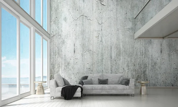 Salon ve oturma odası ve deniz manzaralı arka plan modern iç tasarım konsepti 