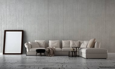 Modern lüks oturma odası ve beyaz duvar doku arka plan / 3d render iç tasarım fikir kavramı 