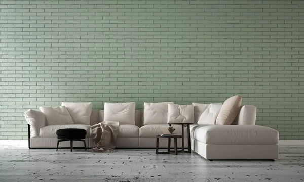 リビングルームと緑レンガの壁のテクスチャの背景のモダンなミニマルなロフトインテリアデザイン — ストック写真