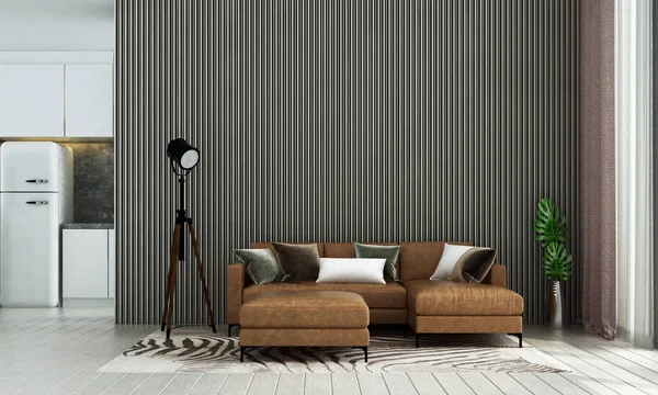 Moderne Loft Woonkamer Interieur Design Houten Streep Textuur Muur Patroon — Stockfoto