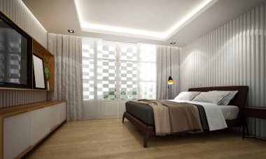 Modern loft yatak odası iç tasarım ve beton desen duvar arka plan ve Lcd tv