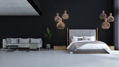  Modern tropikal çift kişilik oturma odası, yatak odası ve siyah duvar dokusu arka planının iç tasarımı. 