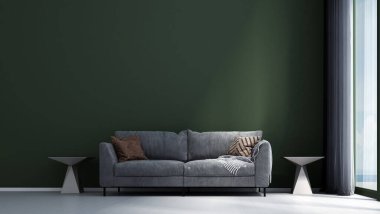Oturma odası ve yeşil duvar dokusu arka planının modern rahat iç tasarımı.