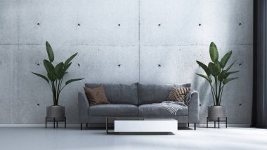 Oturma odasının modern iç tasarımı ve beton duvar dokusu arka planı.