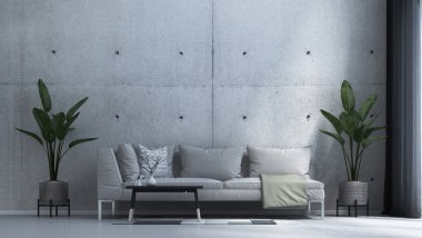 Oturma odasının modern iç tasarımı ve beton duvar dokusu arka planı ve yan masa.