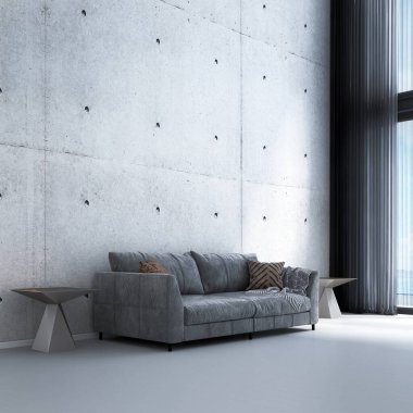 Oturma odasının modern iç tasarımı ve beton duvar dokusu arka planı.